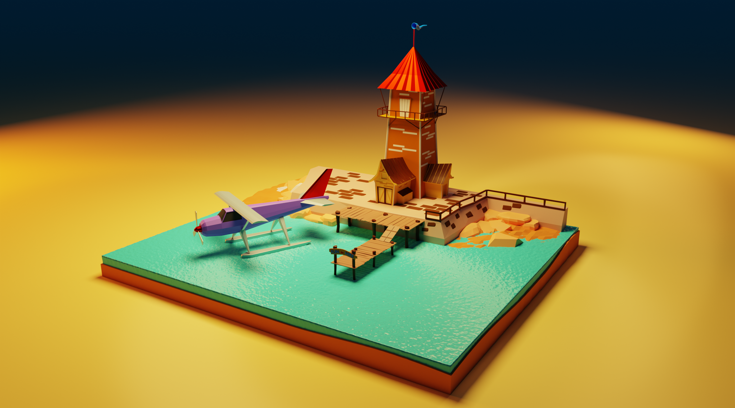 LowPoly Tower house and sea plane preview image 1